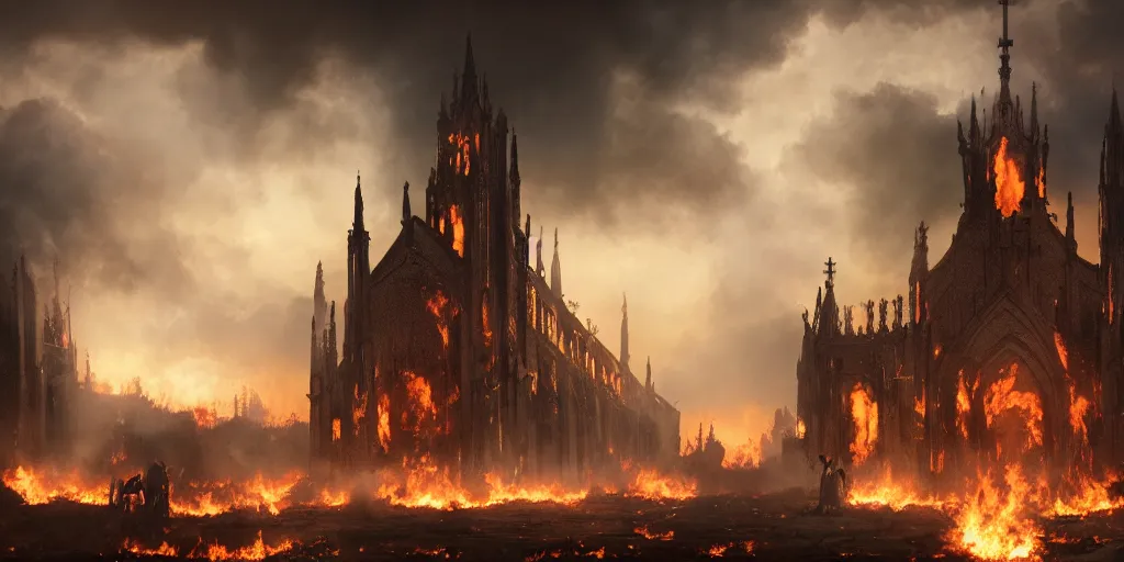 Prompt: an epic matte painting of heaven versus hell, a big church burning in the middle of the frame, master shot, massive, cinematic lighting, high definition, symmetrical, clouds, darkness, 8 k