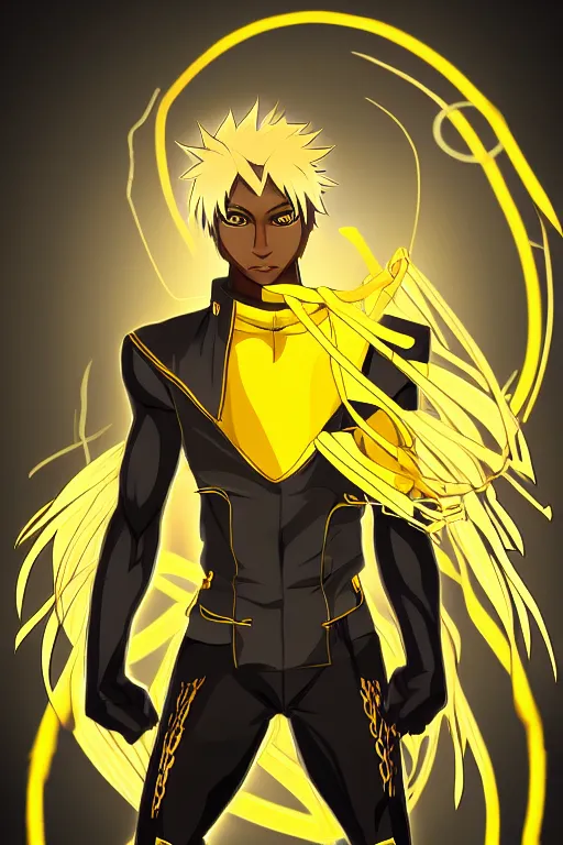 Prompt: glowing black male anime character, golden hair, yellow eyes, symmetrical, highly detailed, digital art, sharp focus, trending on art station, samurai, electricity superpowers, anime art style