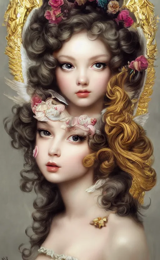Image similar to pop surrealism, rococo, baroque hair, angelic young female seductive - fine - face, pretty face, key visual, realistic shaded perfect face, fine details by stanley artgerm lau, wlop, mark ryden, andrei riabovitchev, marc simonetti, and sakimichan, trending on artstation