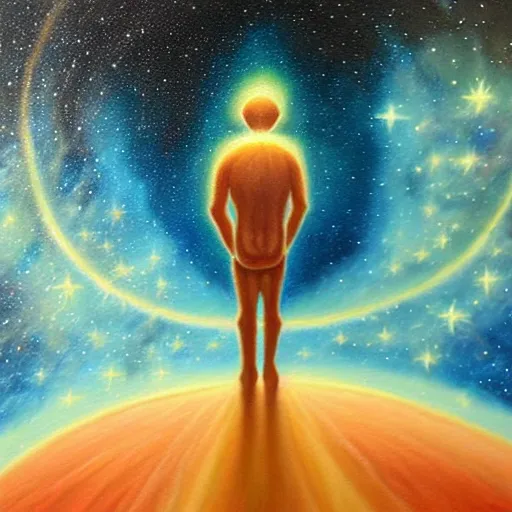 Image similar to small figure looking up at a giant figure, facing the darkness galactic nebular astral realm sacred journey in oil painting, trending on artstation, award winning, emotional, highly detailed surrealist art