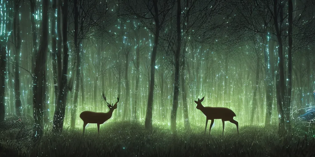 Image similar to a single deer in an ethereal electronic forest made from glowing circuits and electronics, highly detailed concept art, cinematic framing, 3 d, dark, moody, led