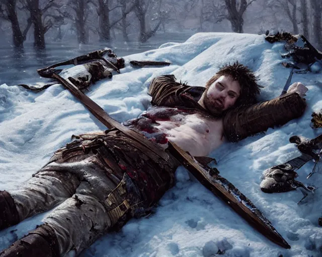 Image similar to Highly realistic oil painting of a wounded knight lying in the snow, surrounded by blue flowers, blood on flowers, by greg rutkowski, highly detailed, cinematic lighting, moody, dark