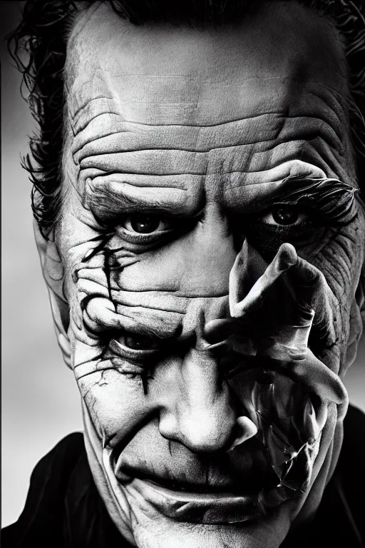 Prompt: photo of Bryan Cranston as the Joker by Lee Jeffries and stanley lau, detailed, award winning, Sony a7R, trending on artstation