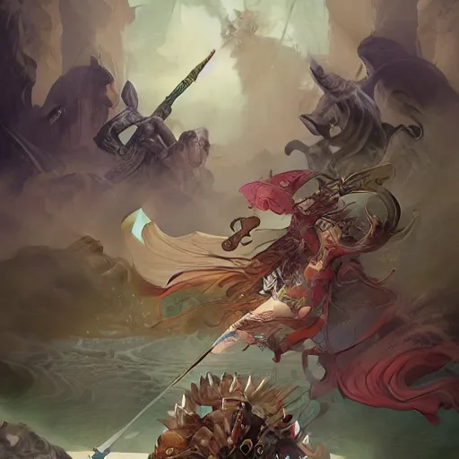 Image similar to Epic viking battle, divine, digital painting, Peter Mohrbacher, Alphonse Mucha, Brian Froud, Yoshitaka Amano, Kim Keever, Victo Ngai, James Jean