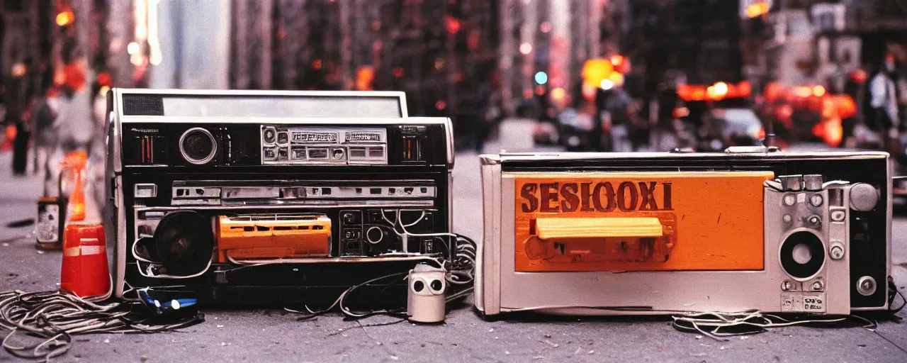 Image similar to a boombox on a nyc street blasting spaghetti out of its speakers, 1 9 8 0's, high detail, canon 5 0 mm, cinematic lighting, photography, retro, film, kodachrome