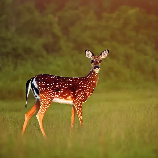 Image similar to a beautiful spotted deer in the woods lit by the morning sky, sunrise, chital, photorealistic, by annie leibovitz and steve mccurry, natural light, canon eos c 3 0 0, ƒ 1. 8, 3 5 mm, 8 k, medium - format print