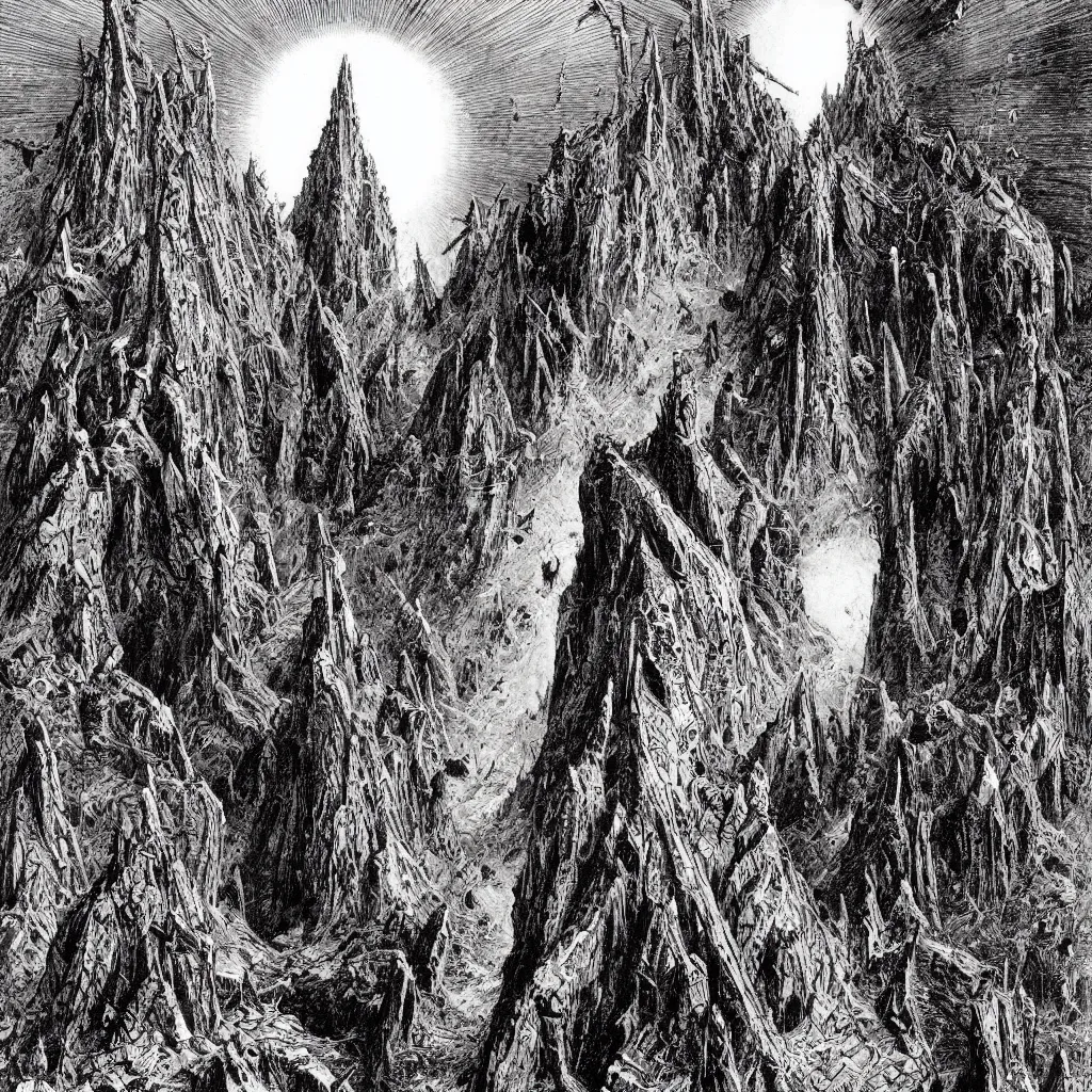 Image similar to hells gates by philippe druillet and gustave dore and much a and moebius and hieronymus bosch