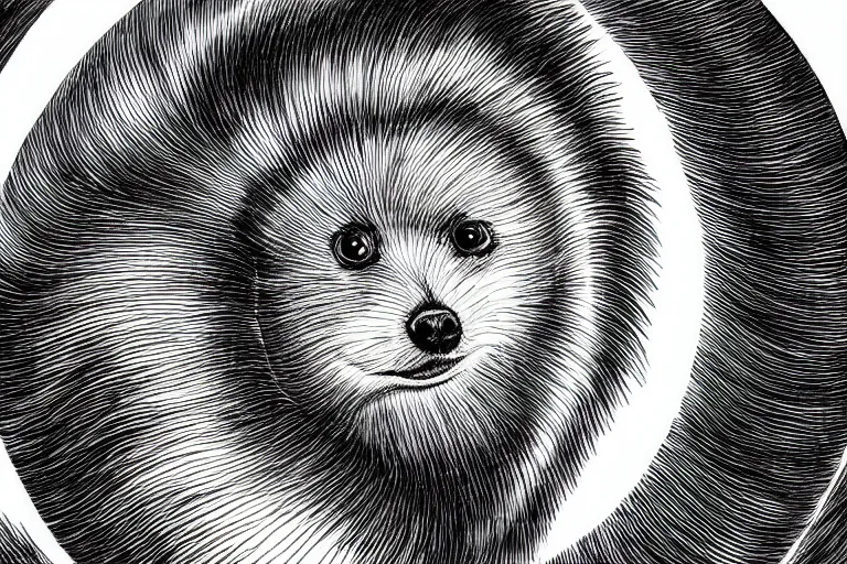 Prompt: pomeranian looking into a giant swirling black hole, black and white, botanical illustration, black ink on white paper, bold lines