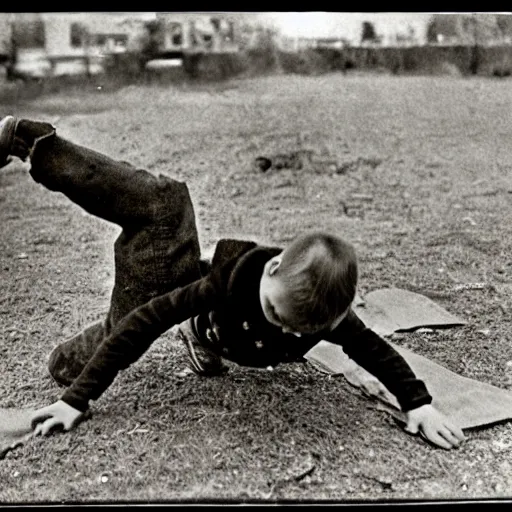 Prompt: old photo of a Victorian child breakdancing