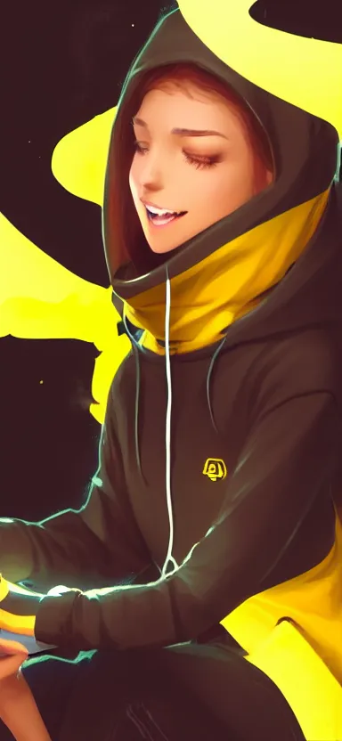 Prompt: a vtuber model concept art of a beautiful girl in a black and yellow hoodie typing in an iphone, full body art, artstation, digital art, smiling face, commission art, style by jordan grimmer and greg rutkowski, 4 k resolution