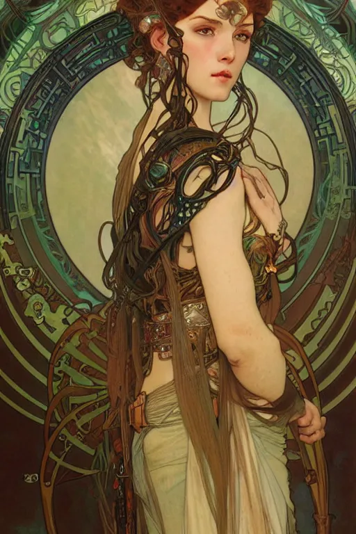 Image similar to realistic detailed portrait of a very beautiful warrior queen by alphonse mucha, charlie bowater, cyberpunk! style, mechanical accents!, flowing wires with leaves, rich deep moody colors