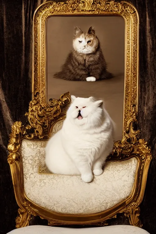 Image similar to a magnificent wet plate photo portrait of a fluffy fat royal cat on an embroidered velvet cushion on a neo - rococo gilded little bed, by david lachapelle, photorealistic, photography, wide shot