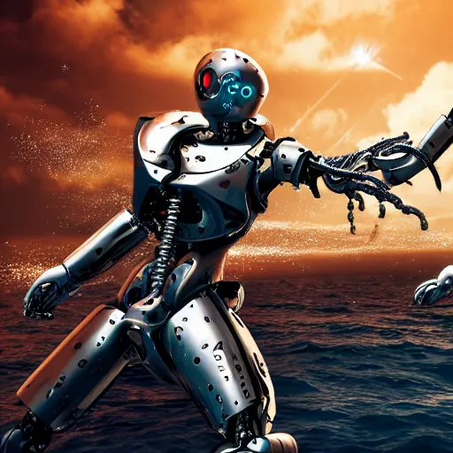 Image similar to battle cyborg fighting a robot octopus, 8k HD photography