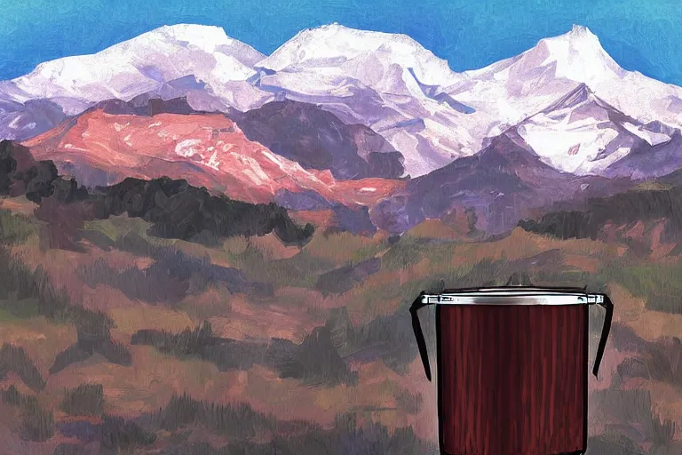 Prompt: a keg with mountain views, digital art