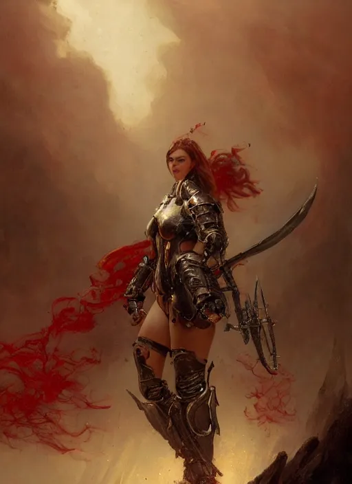 Image similar to beautiful klaudia kelly bbw plumper big girl wearing tiny red steel armour, detailed by gaston bussiere, bayard wu, greg rutkowski, giger, maxim verehin, greg rutkowski, masterpiece, sharp focus, cinematic lightning