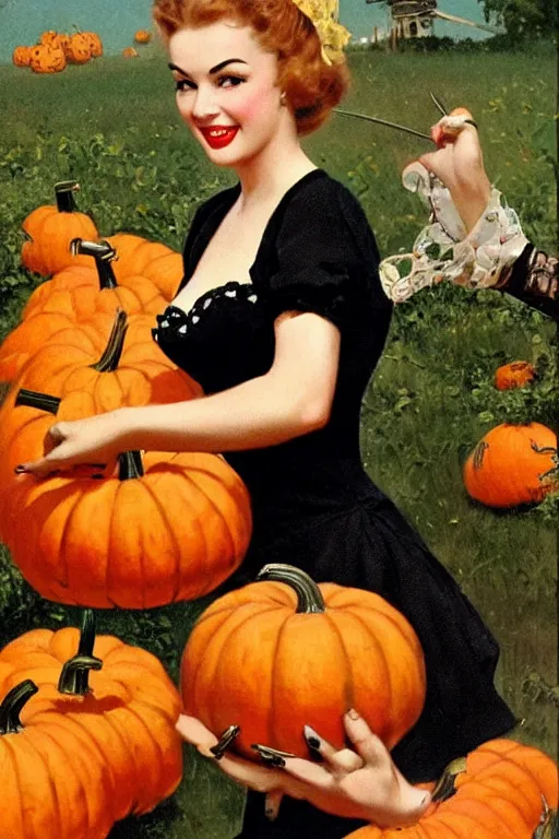 Prompt: a beautiful woman dressed in black picking out pumpkins by gil elvgren, highly detailed oil painting, vintage postcard, 1 9 5 0 s art print