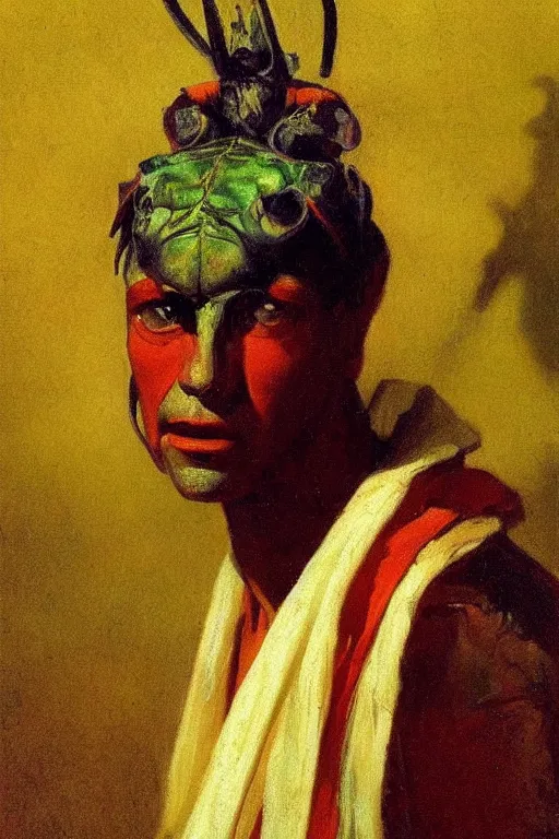 Image similar to a close portrait of a mantis wearing a toga in ancient rome. masterpiece, dramatic light and shadow, saturated colors, ciaroscuro. painted by anders zorn