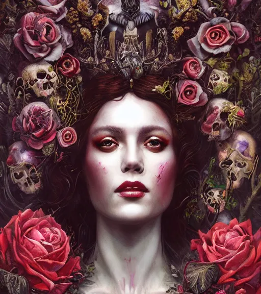 Prompt: portrait of the beautiful supreme queen of the blood cult, full body, surrounded by skulls and overgrowth and dark flowers by karol bak, James Jean, tom bagshaw, rococo, trending on artstation, cinematic lighting, hyper realism, octane render, 8k, hyper detailed.