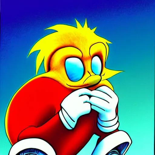 Image similar to professional illustration of doctor robotnik standing over the lorax in the style of a 9 0 s sonic cartoon, the lorax is laying down and making a longing face, blushing, digital drawing, black outlines, dark lighting, a moonlight glow is coming from a window, doctor eggman is making a confused face, 9 0 s early 2 0 0 0 s style cartoon