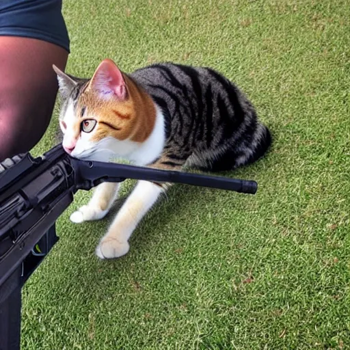 Image similar to Photo of an upright house cat with an AR15