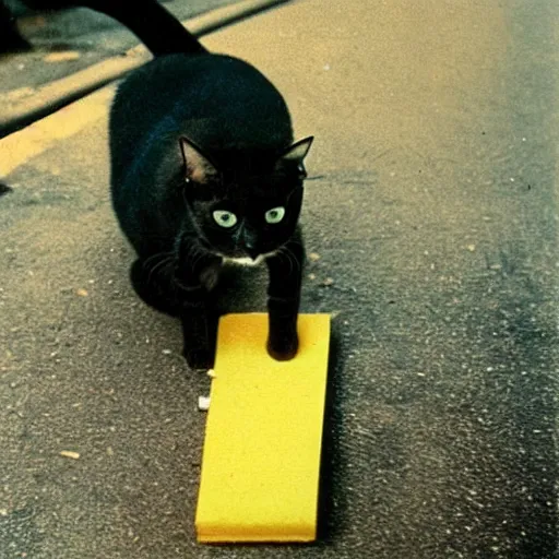 Image similar to wide-shot low-angle cat's eyesight photo of stray cat and a banana peel at the street in New York, polaroid photo, by Andy Warhol, signed