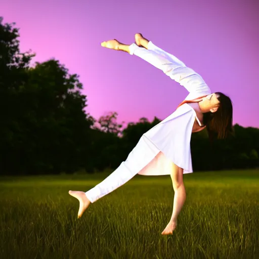 Image similar to an origami girl doing acrobatic contemporary dance, dramatic lighting, with bokeh effect in a sunny meadow