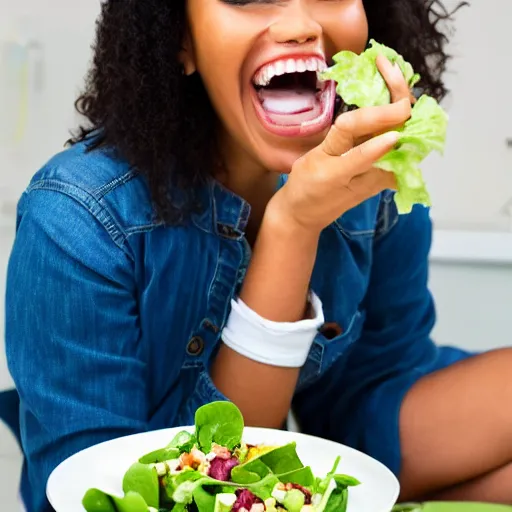 Image similar to Stock photo of woman eating salad and laughing