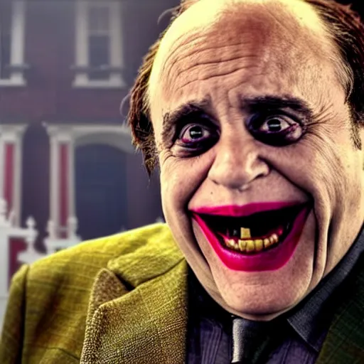 Image similar to Danny Devito as The Joker, still image from Batman movie, shot of face