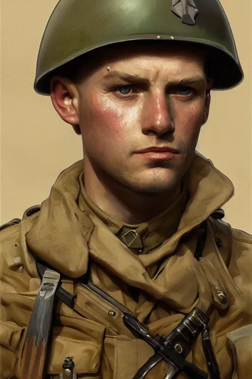 Image similar to A full portrait of a british world war two soldier, intricate, elegant, highly detailed, digital painting, artstation, concept art, smooth, sharp focus, illustration, art by Krenz Cushart and Artem Demura and alphonse mucha