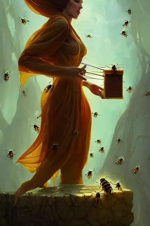 Image similar to fantasy beekeeper, stunning woman, wearing nanotech honeycomb robe, silky, surrounded by bees, cinematic, greg rutkowski, peter mohrbacher