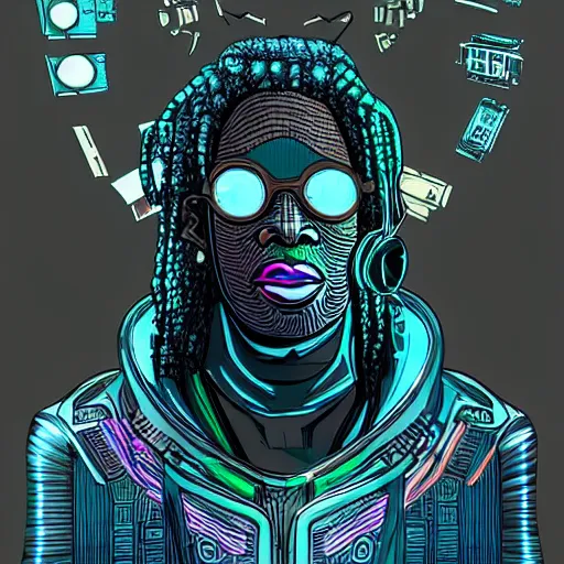 Image similar to cyberpunk robotic whoopi goldberg, sharp lines, digital, artstation, colored in