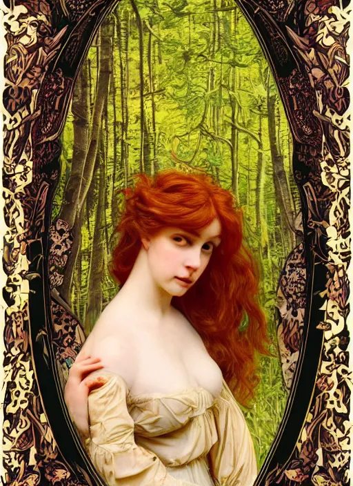Image similar to masterpiece beautiful seductive flowing curves pose preraphaelite portrait photography, extreme closeup shot, straight bangs, thick set features, yellow ochre ornate medieval dress, mushroom forest arch, amongst foliage, william morris and kilian eng and mucha, framed, 4 k