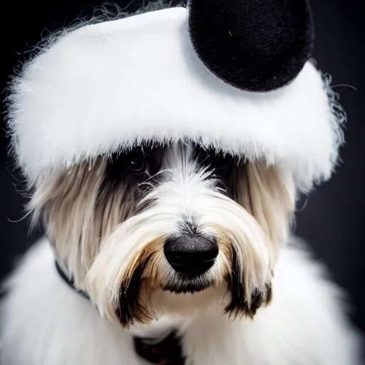 Prompt: closeup photo of a black coton-de-tulear dog, wearing a monocle and a fluffy hat, 50mm, dramatic lighting