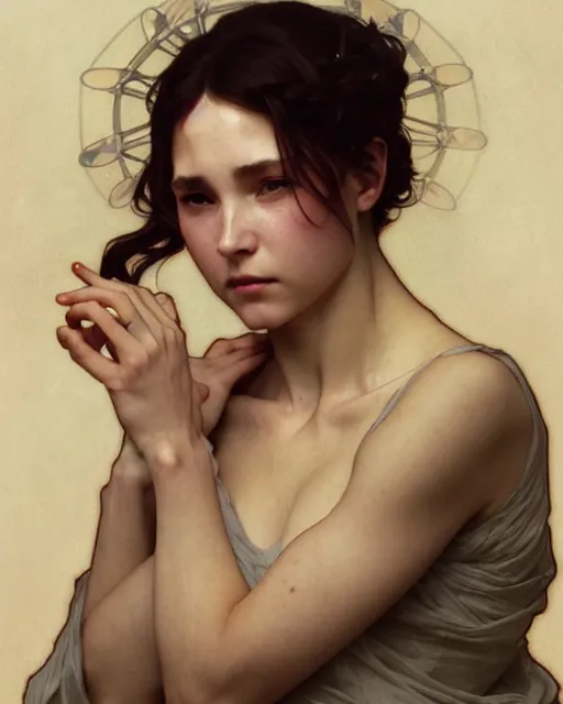 Prompt: a portrait of anguish, concept art, smooth, sharp focus, illustration, art by artgerm and greg rutkowski and alphonse mucha and william - adolphe bouguereau