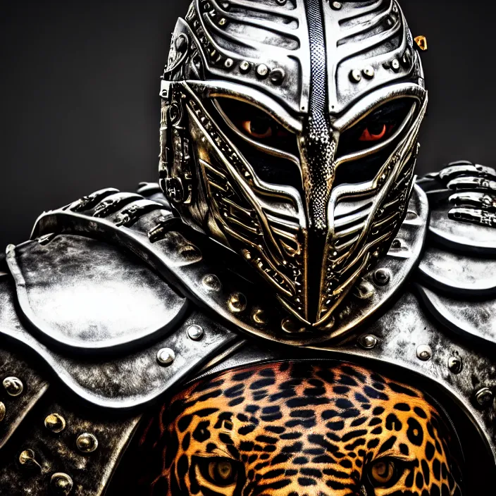 Image similar to photo of a warrior with metal jaguar themed armour, highly detailed, 4 k, hdr, smooth, sharp focus, high resolution, award - winning photo