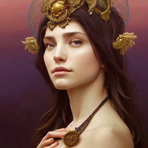 Image similar to perfectly-centered-Portrait of a gorgeous Goddess, The Perfect Human Female Specimen, intricate, elegant, super highly detailed, professional digital painting, artstation, concept art, smooth, sharp focus, no blur, no dof, extreme illustration, Unreal Engine 5, 8K, art by artgerm and greg rutkowski and alphonse mucha and loish and WLOP