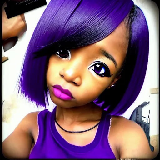 Image similar to black anime manga girl, wearing camo, white french bob, purple colored eyes