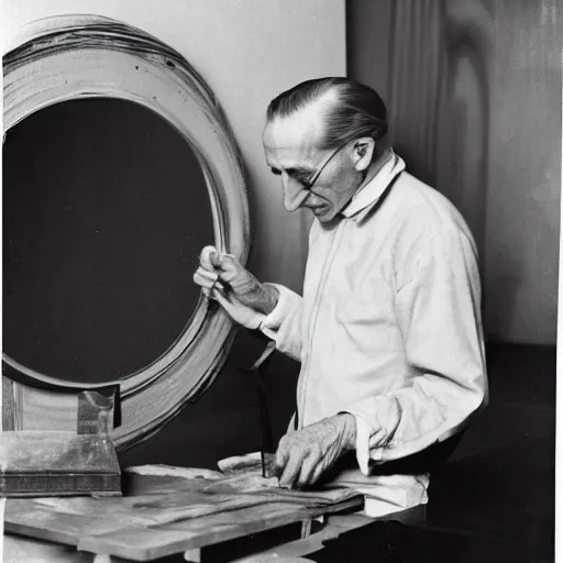 Image similar to a long exposure shot of Marcel Duchamp working on a readymade object, archival pigment print