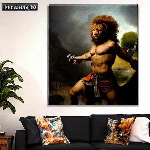 Prompt: muscular lion as barbarian with sword , very textured detailed oil painting panoramic 4k hires detailed portrait by rembrandt, dramatic clouds, thunder in the foggy jungle ,sun rays through trees - W 1600