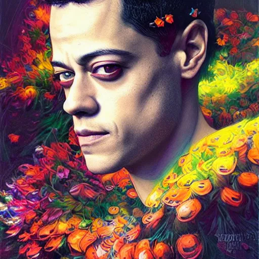 Image similar to portrait of rami malek, hyper detailed masterpiece, neon floral pattern, jean giraud, digital art painting, darkwave goth aesthetic, psychedelic, artgerm, donato giancola and tom bagshaw