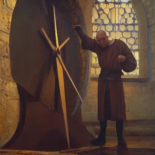 Image similar to medieval monk maintaining an enormous, complex, mechanical clock, oil painting, warm lighting, realistic, trending on artstation