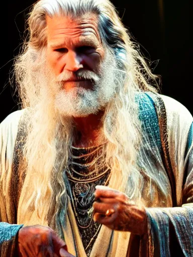 Prompt: a photograph of Jeff Bridges as Prospero from the stage production of The Tempest taken with Nikon D3500, 4K UHD