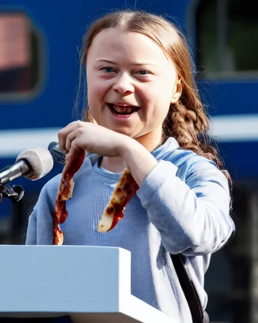 Image similar to film still close - up shot of greta thunberg giving a speech in a train station eating pizza, smiling, the sun is shining. photographic, photography