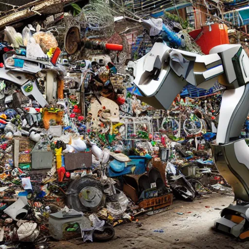 Prompt: a realistic photo of a latin american recycler making a complex robot with materials of the retro garbage left by people from their daily consumption, dystopic and utopic conceptual art ( variation )