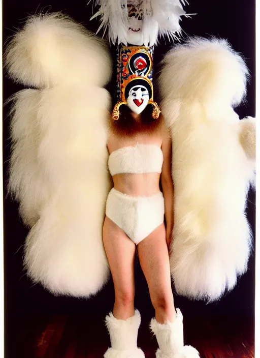 Image similar to realistic photo portrait of the friends, white carnival fluffy costume, wooden mask sculpture of a totem bird, wearing hairy fluffy cotton shorts, dancing in the spacious wooden polished and fancy expensive wooden room interior with many cloud sculptures 1 9 9 0, life magazine reportage photo