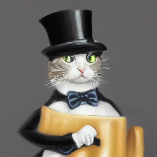 Image similar to Kitty with a tophat and monocle riding a unicycle, hyperrealistic painting 4K digital art trending on artstation