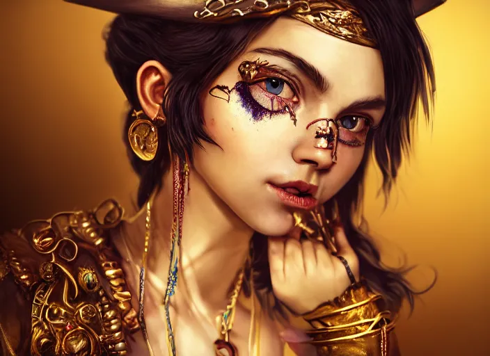 Image similar to full body picture of a pirate girl, hard breathing, messy hair, very excited, sparkling eyes, front of the treasure box, jewels and gold on the background, coveted, beautiful and aesthetic and attractive and detailed face, specular reflection, occlusion shadow, intricate, bokeh, masterpiece, by ilya kuvshinov and ross tran and quentin mabille