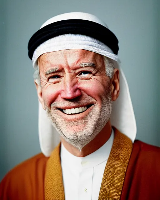 Prompt: a photo of joe biden as a muslim sheikh from the middle east & smiling & portrait & ektachrome & closeup & f / 2. 8