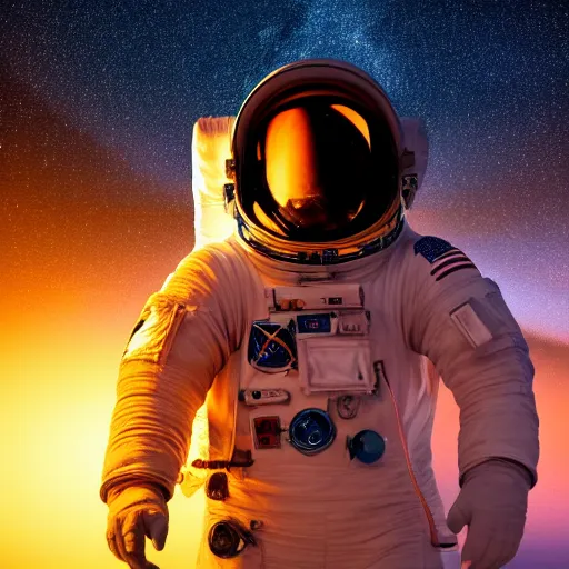 Image similar to photograph of an astronaut against the pitch black darkness of space, nothing behind, full body photo, amazing light and shadow contrast,, 8 k