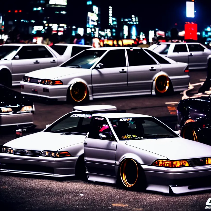 Image similar to a car JZX100 twin turbo drift at illegal car meet, Shibuya prefecture, city midnight mist lights, cinematic lighting, photorealistic, detailed alloy wheels, highly detailed